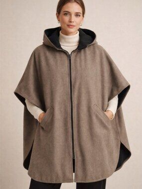 Vintage Taupe Hooded Cape Poncho Wool Blend Removable Hood Oversized